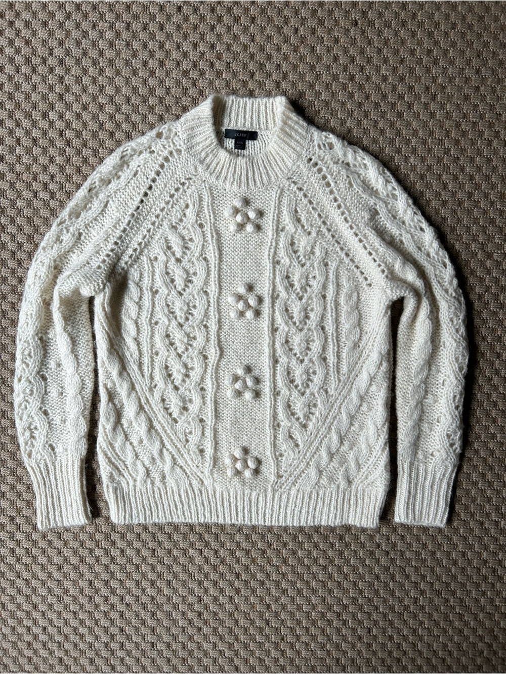J Crew Cream Cable Knit Pointelle Sweater Popcorn Flower Bauble